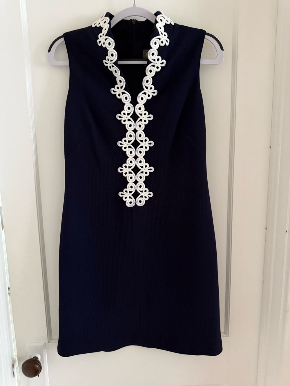 Vince Camuto  Navy Sleeveless Shift Dress with White Embroidered Placket
